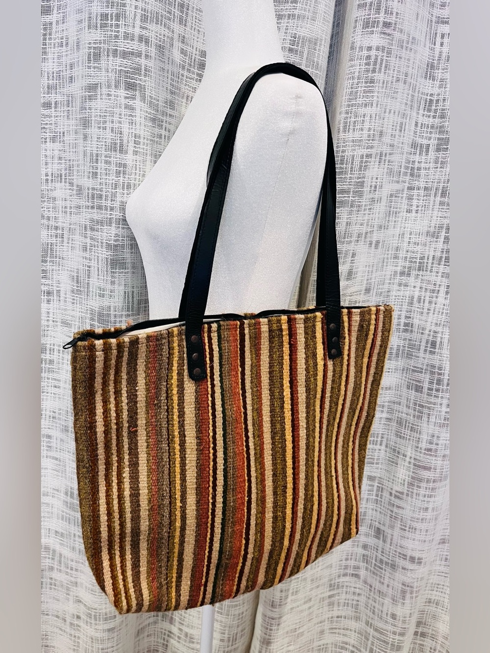 Striped Tapestry Woven Tote Shoulder Bag Striped Large Earthy Natural Fall Boho